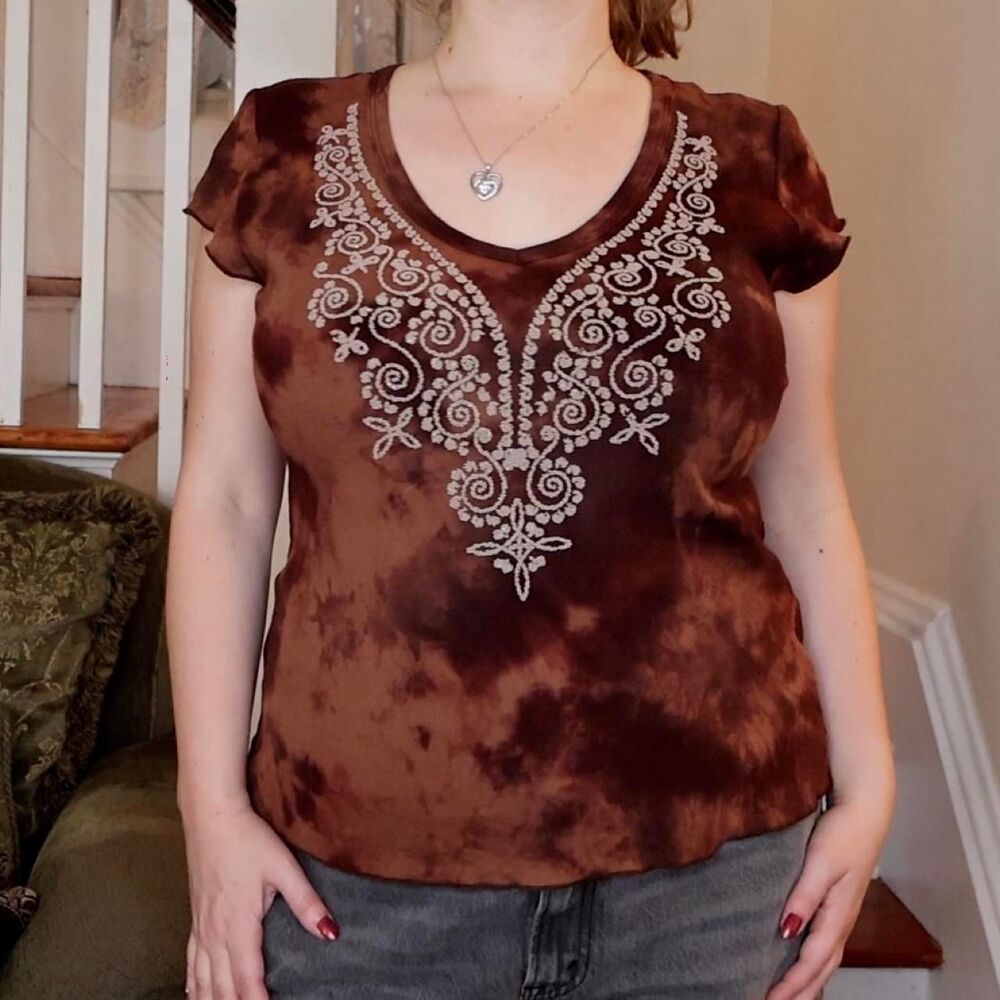 Brown Tie Dye Short Sleeve Top Sz Medium White Beading Whimsigoth Phoebe Buffay